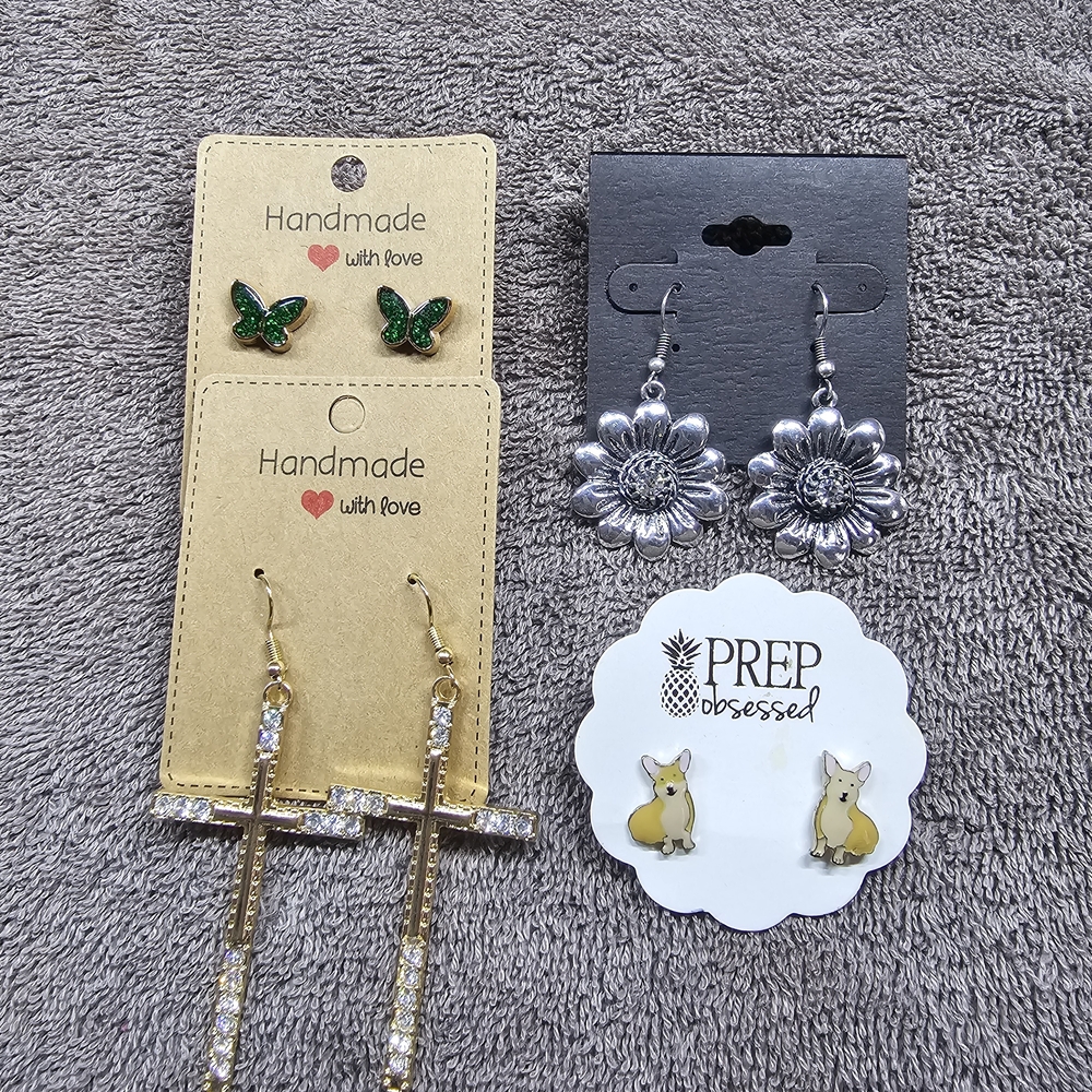 Mixed Earring Lot — Green Butterfly, Silver Flower, Gold Cross, Yellow Corgi